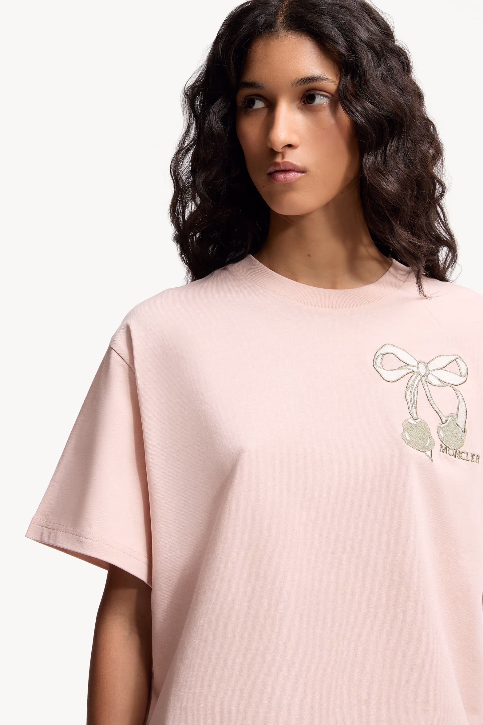 Embroidered Cherry Logo Cotton T-Shirt Women Light Pink Moncler 6